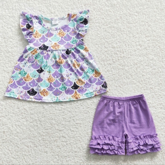 Purple Mermaid Scale Print Flutter Sleeve Top and Ruffled Bottoms - Picture 2 of 4